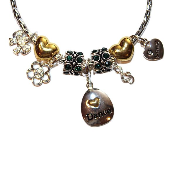 DaVinci Charm Bracelet 8.5" 9 Beads - Dance Love Heart Gold Heart Emerald Green - Picture 2 of 3